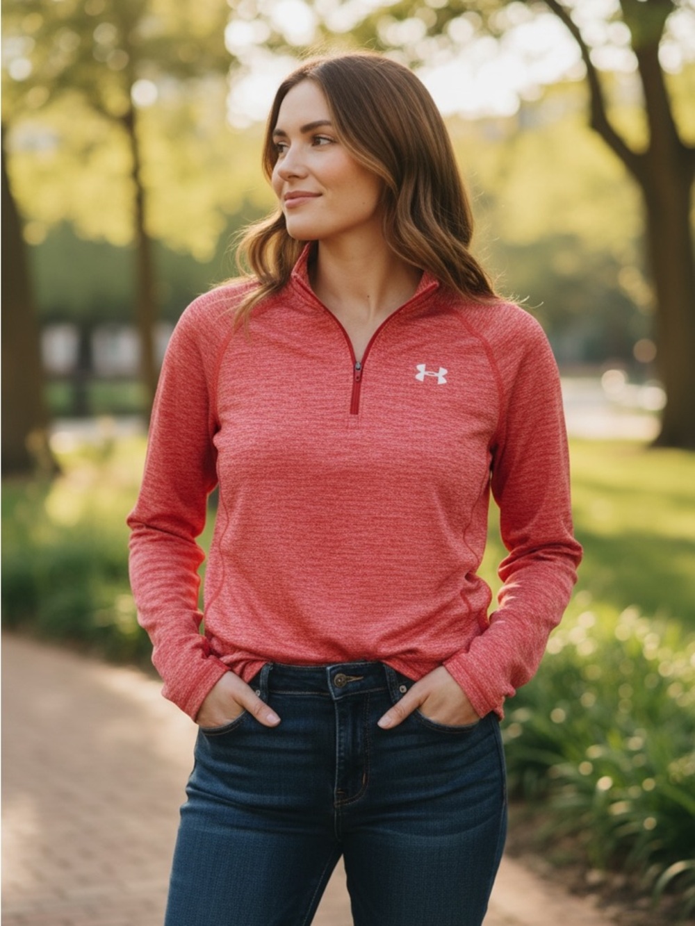 Under Armour Women’s Heathered Coral/Red 1/4 Zip Pullover M